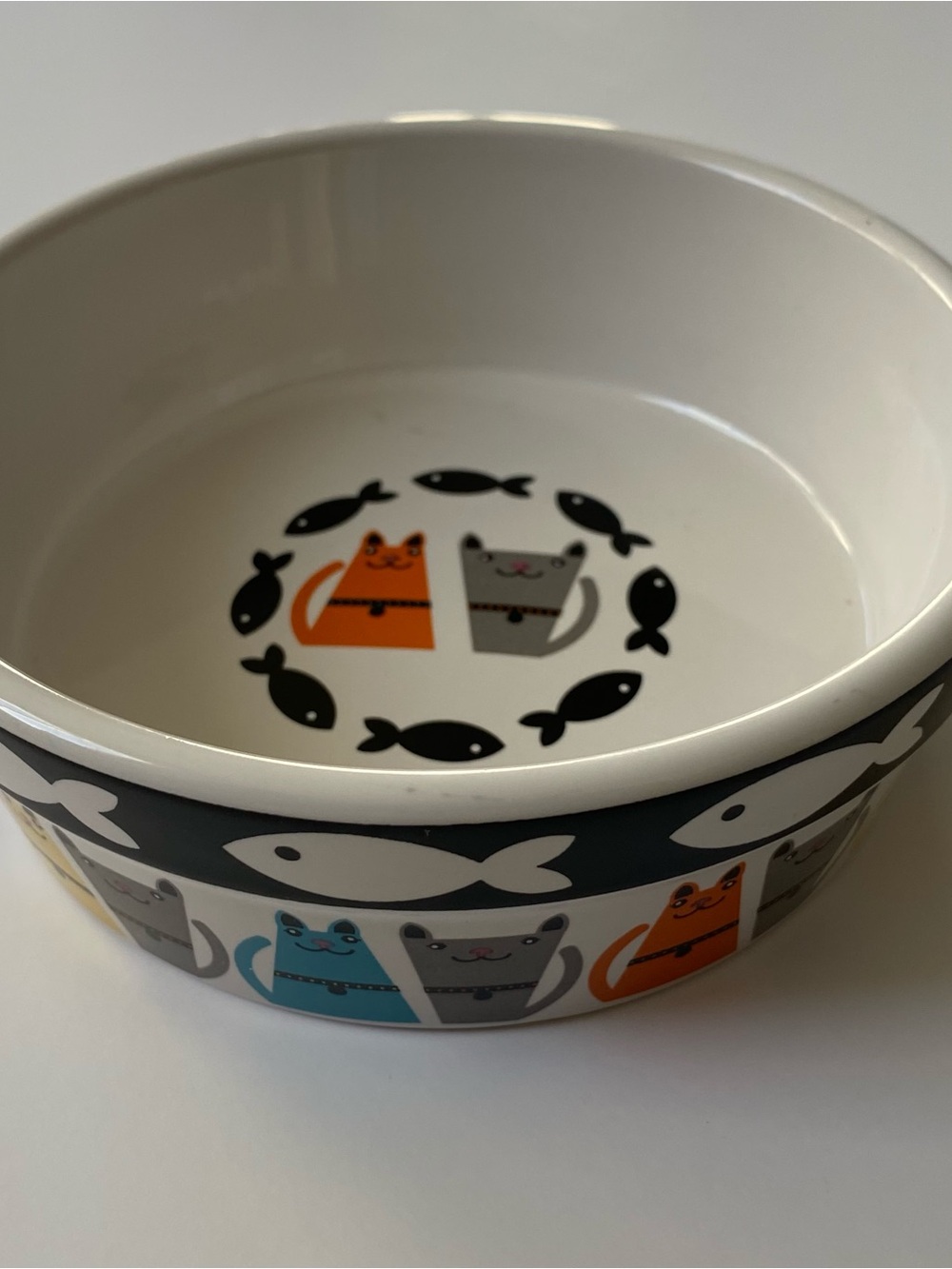 Cat Water Food Bowl Ceramic With Fish And Cats All Around Stoneware 5” Kitty EUC
